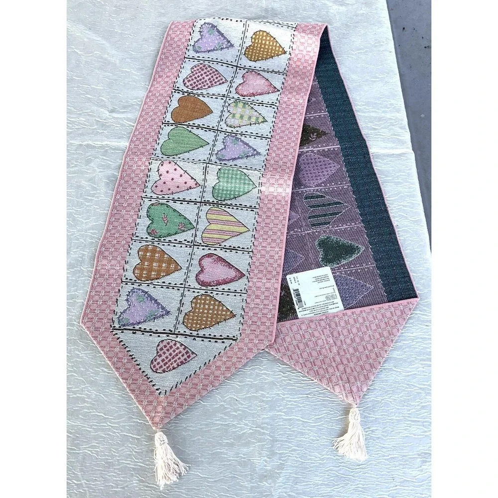 Tapestry Table Runner Patchwork Hearts Pastel Pink Orange Purple w/ Tassel Ends